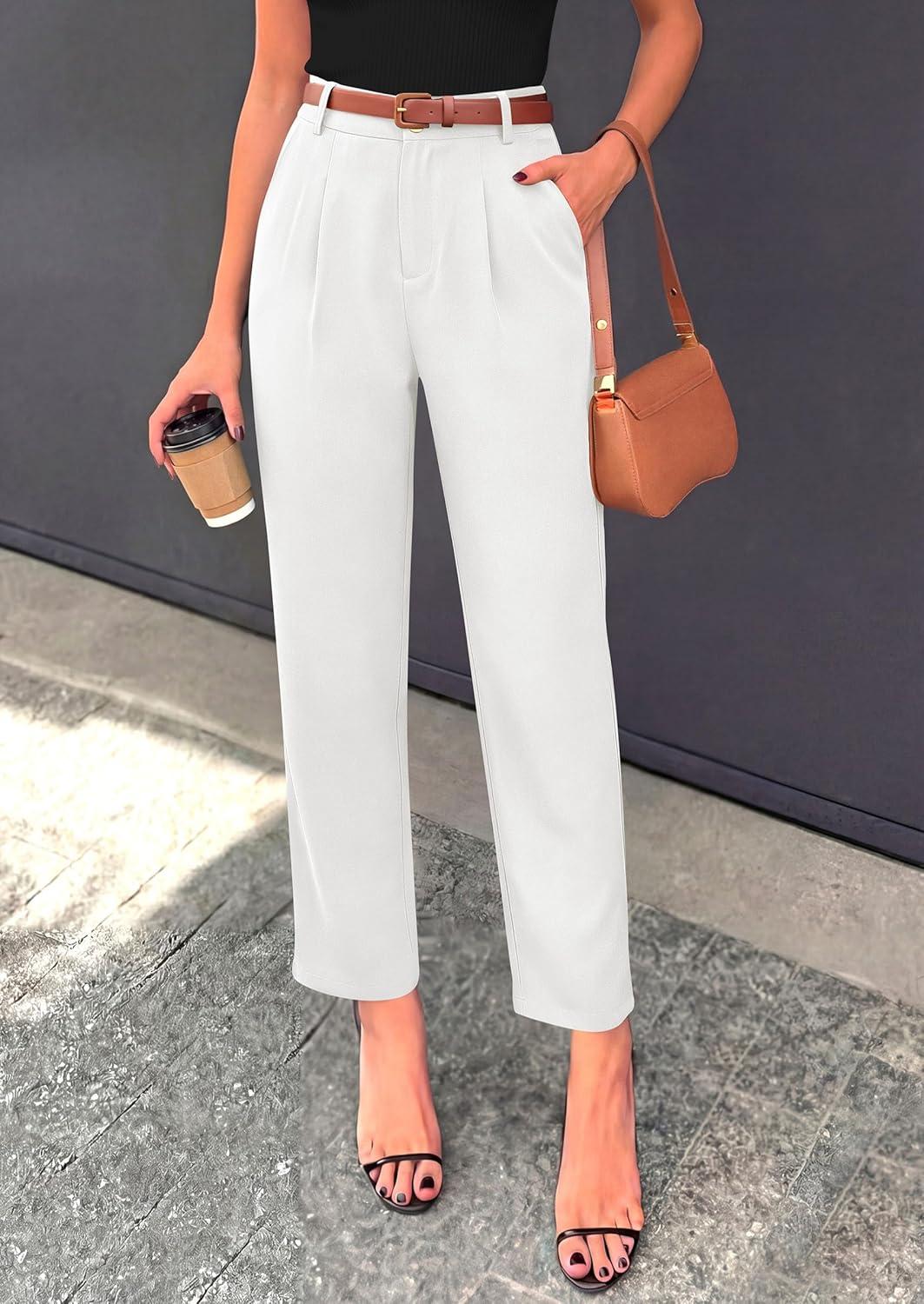 imagePRETTYGARDEN Womens Dress Pants Summer 2026 Work Clothes Tapered High Waisted Trousers Slacks Pockets Business Casual OutfitsWhite