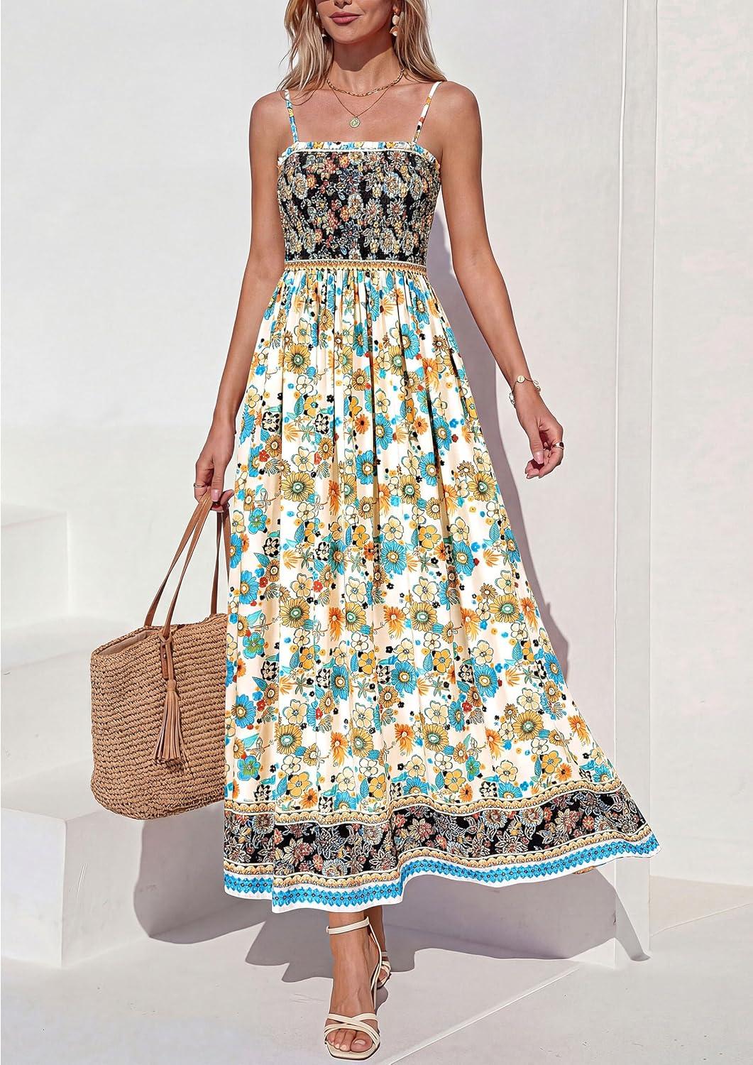 imagePRETTYGARDEN Womens Floral Maxi Dress Boho Casual 2026 Summer Spaghetti Strap Smocked Sleeveless Flowy Beach Vacation DressesApricot