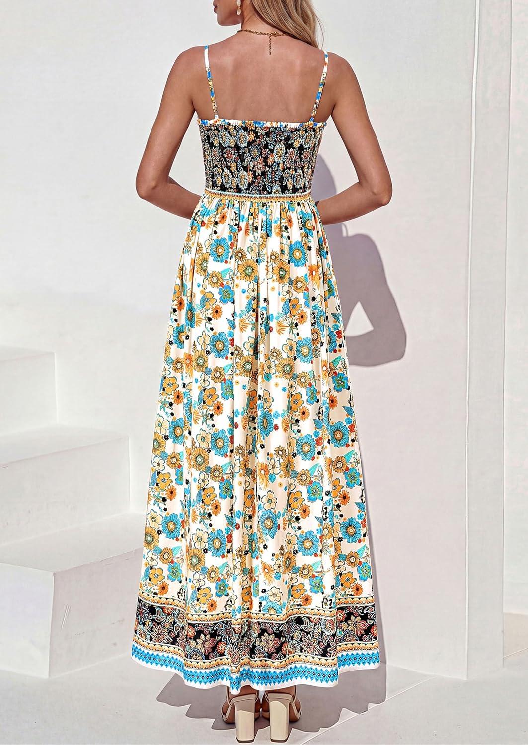 imagePRETTYGARDEN Womens Floral Maxi Dress Boho Casual 2026 Summer Spaghetti Strap Smocked Sleeveless Flowy Beach Vacation DressesApricot