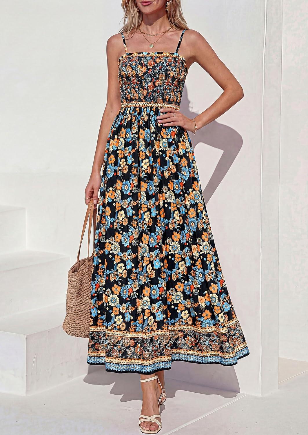 imagePRETTYGARDEN Womens Floral Maxi Dress Boho Casual 2026 Summer Spaghetti Strap Smocked Sleeveless Flowy Beach Vacation DressesBlack