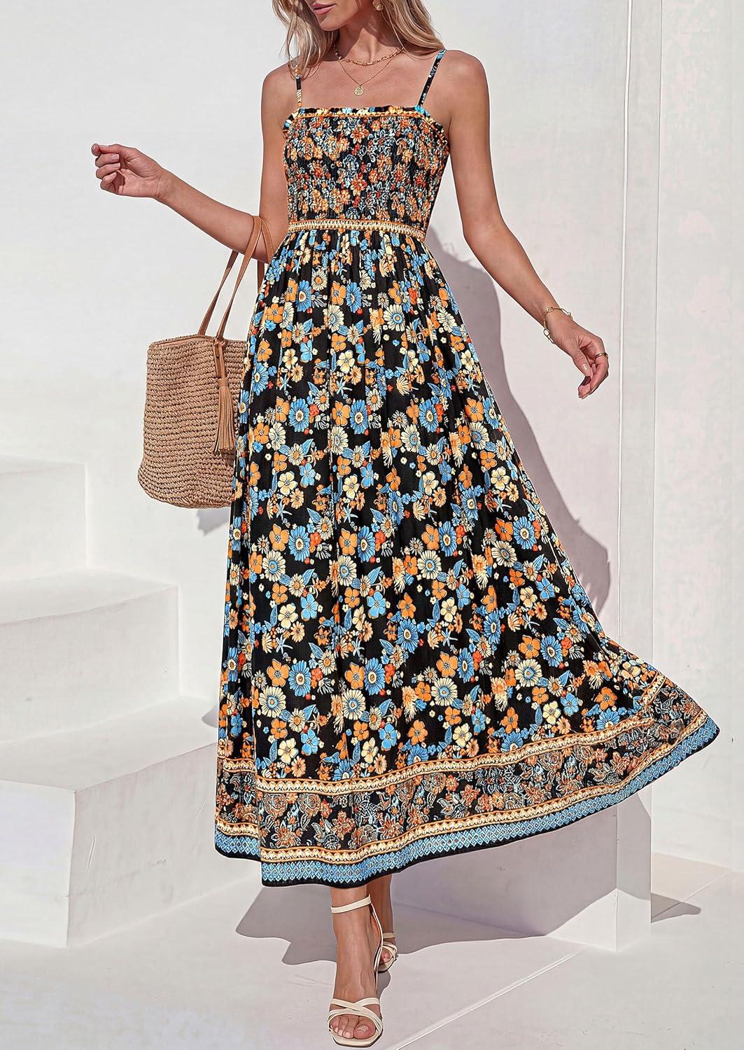 imagePRETTYGARDEN Womens Floral Maxi Dress Boho Casual 2026 Summer Spaghetti Strap Smocked Sleeveless Flowy Beach Vacation DressesBlack