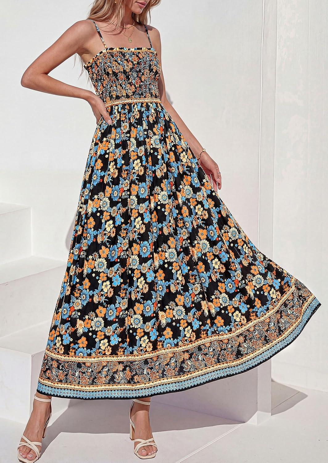 imagePRETTYGARDEN Womens Floral Maxi Dress Boho Casual 2026 Summer Spaghetti Strap Smocked Sleeveless Flowy Beach Vacation DressesBlack