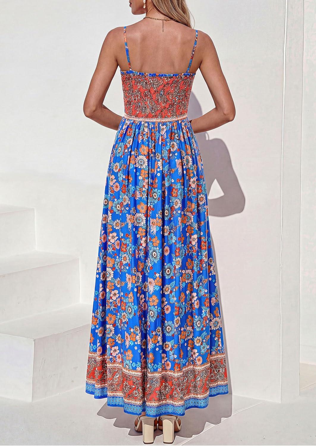 imagePRETTYGARDEN Womens Floral Maxi Dress Boho Casual 2026 Summer Spaghetti Strap Smocked Sleeveless Flowy Beach Vacation DressesBlue