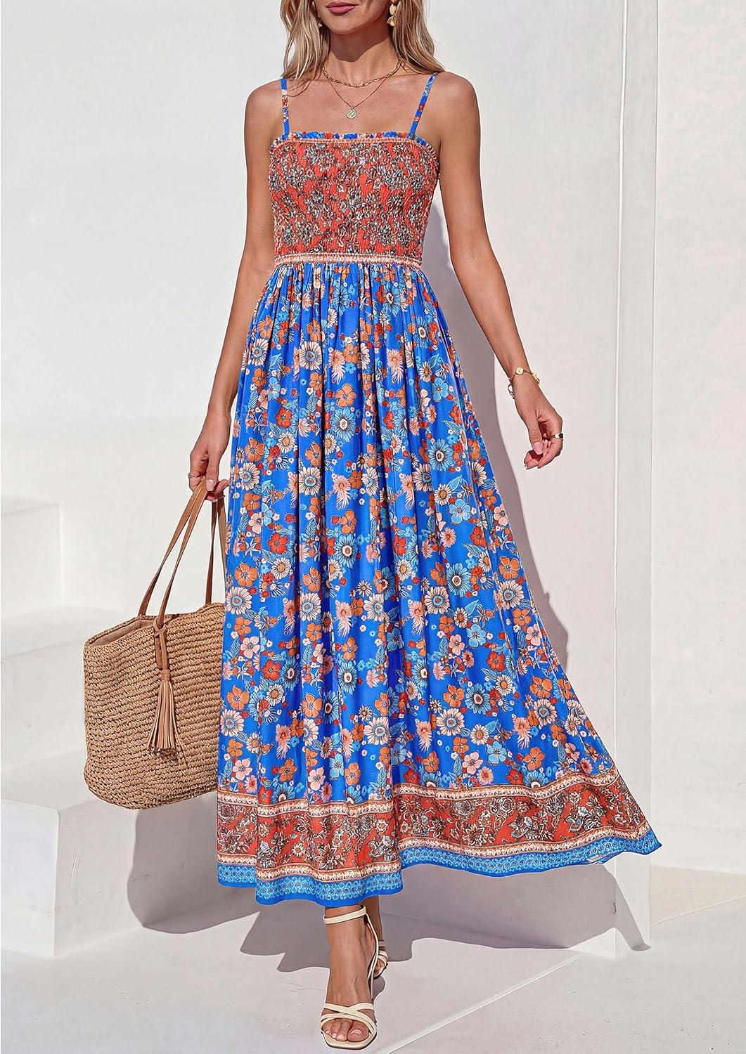 imagePRETTYGARDEN Womens Floral Maxi Dress Boho Casual 2026 Summer Spaghetti Strap Smocked Sleeveless Flowy Beach Vacation DressesBlue