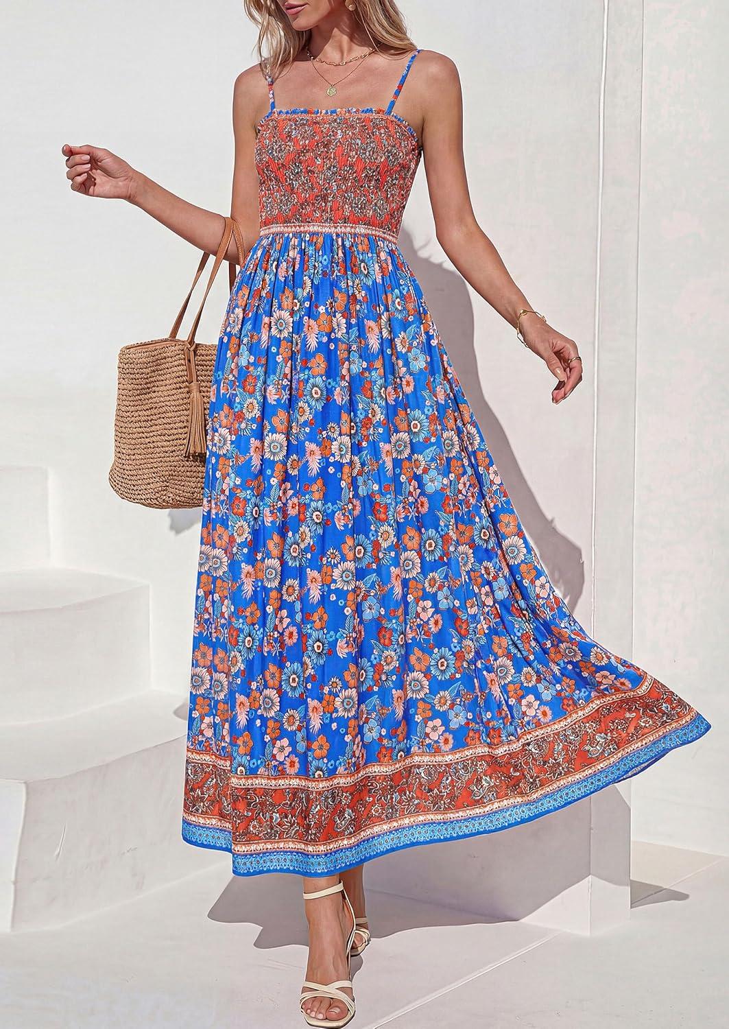 imagePRETTYGARDEN Womens Floral Maxi Dress Boho Casual 2026 Summer Spaghetti Strap Smocked Sleeveless Flowy Beach Vacation DressesBlue