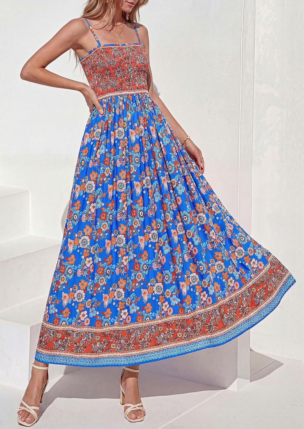 imagePRETTYGARDEN Womens Floral Maxi Dress Boho Casual 2026 Summer Spaghetti Strap Smocked Sleeveless Flowy Beach Vacation DressesBlue