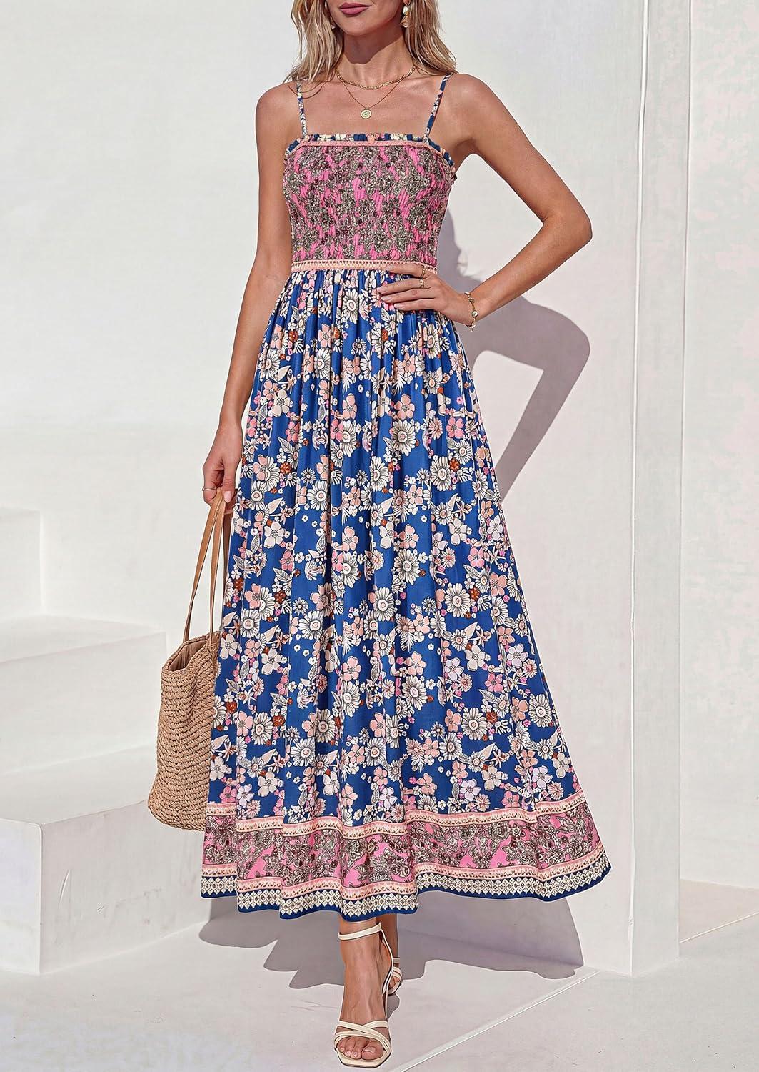 imagePRETTYGARDEN Womens Floral Maxi Dress Boho Casual 2026 Summer Spaghetti Strap Smocked Sleeveless Flowy Beach Vacation DressesDark Blue