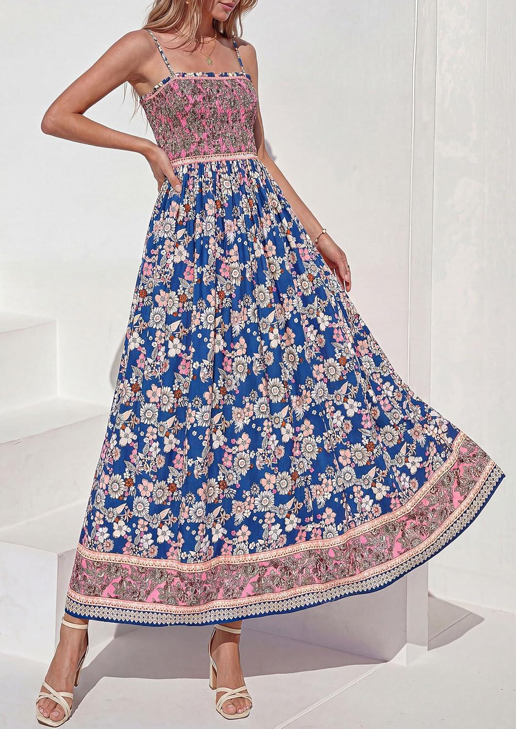 imagePRETTYGARDEN Womens Floral Maxi Dress Boho Casual 2026 Summer Spaghetti Strap Smocked Sleeveless Flowy Beach Vacation DressesDark Blue