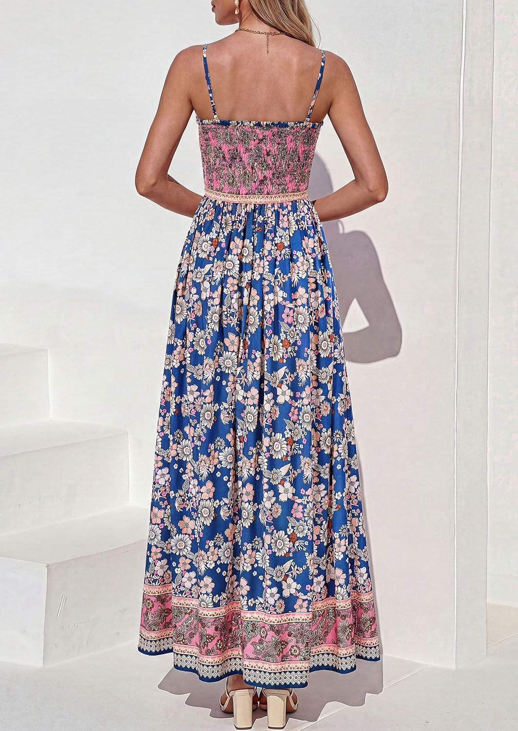 imagePRETTYGARDEN Womens Floral Maxi Dress Boho Casual 2026 Summer Spaghetti Strap Smocked Sleeveless Flowy Beach Vacation DressesDark Blue
