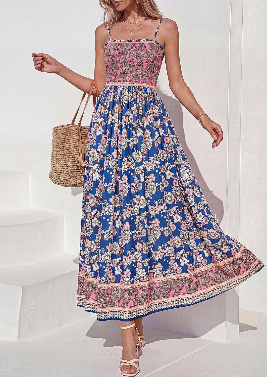 imagePRETTYGARDEN Womens Floral Maxi Dress Boho Casual 2026 Summer Spaghetti Strap Smocked Sleeveless Flowy Beach Vacation DressesDark Blue