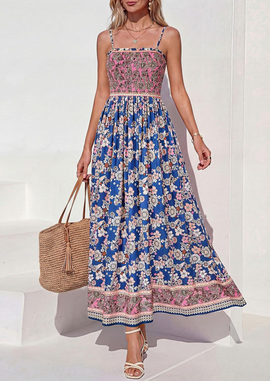 imagePRETTYGARDEN Womens Floral Maxi Dress Boho Casual 2026 Summer Spaghetti Strap Smocked Sleeveless Flowy Beach Vacation DressesDark Blue