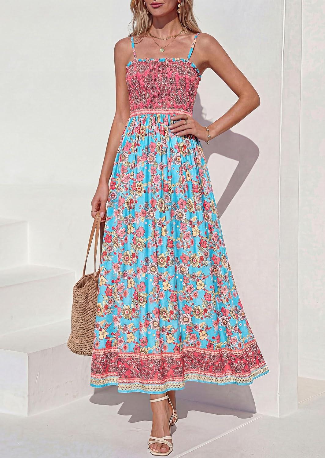 imagePRETTYGARDEN Womens Floral Maxi Dress Boho Casual 2026 Summer Spaghetti Strap Smocked Sleeveless Flowy Beach Vacation DressesLight Blue
