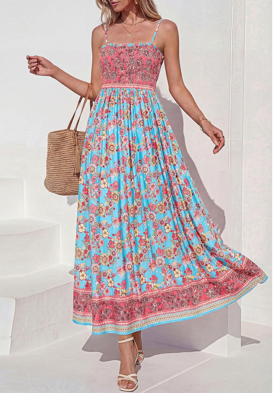 imagePRETTYGARDEN Womens Floral Maxi Dress Boho Casual 2026 Summer Spaghetti Strap Smocked Sleeveless Flowy Beach Vacation DressesLight Blue
