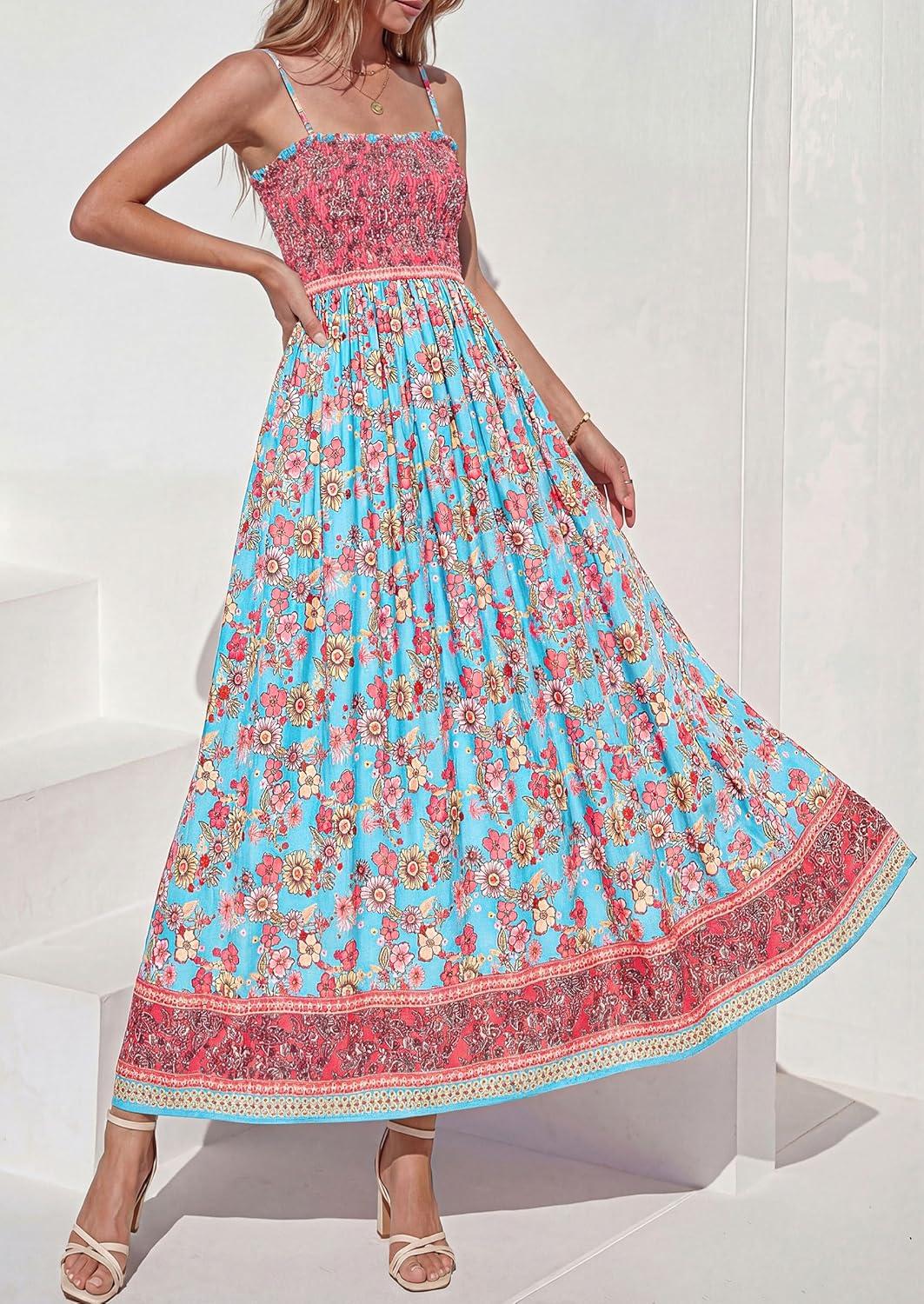 imagePRETTYGARDEN Womens Floral Maxi Dress Boho Casual 2026 Summer Spaghetti Strap Smocked Sleeveless Flowy Beach Vacation DressesLight Blue