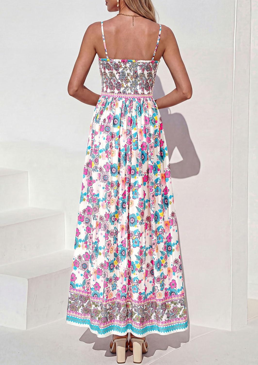 imagePRETTYGARDEN Womens Floral Maxi Dress Boho Casual 2026 Summer Spaghetti Strap Smocked Sleeveless Flowy Beach Vacation DressesPink