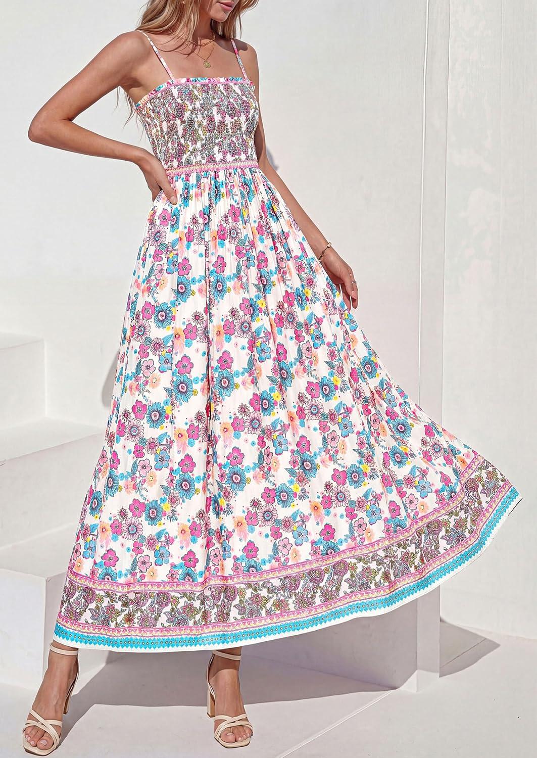 imagePRETTYGARDEN Womens Floral Maxi Dress Boho Casual 2026 Summer Spaghetti Strap Smocked Sleeveless Flowy Beach Vacation DressesPink