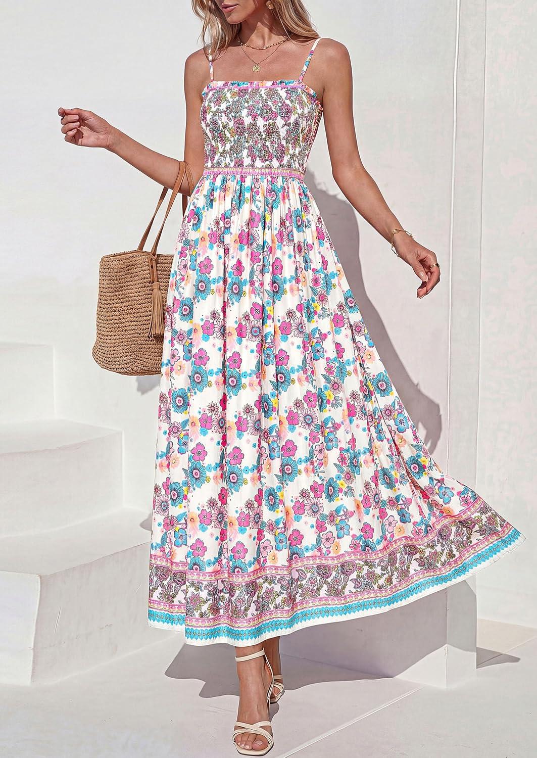 imagePRETTYGARDEN Womens Floral Maxi Dress Boho Casual 2026 Summer Spaghetti Strap Smocked Sleeveless Flowy Beach Vacation DressesPink