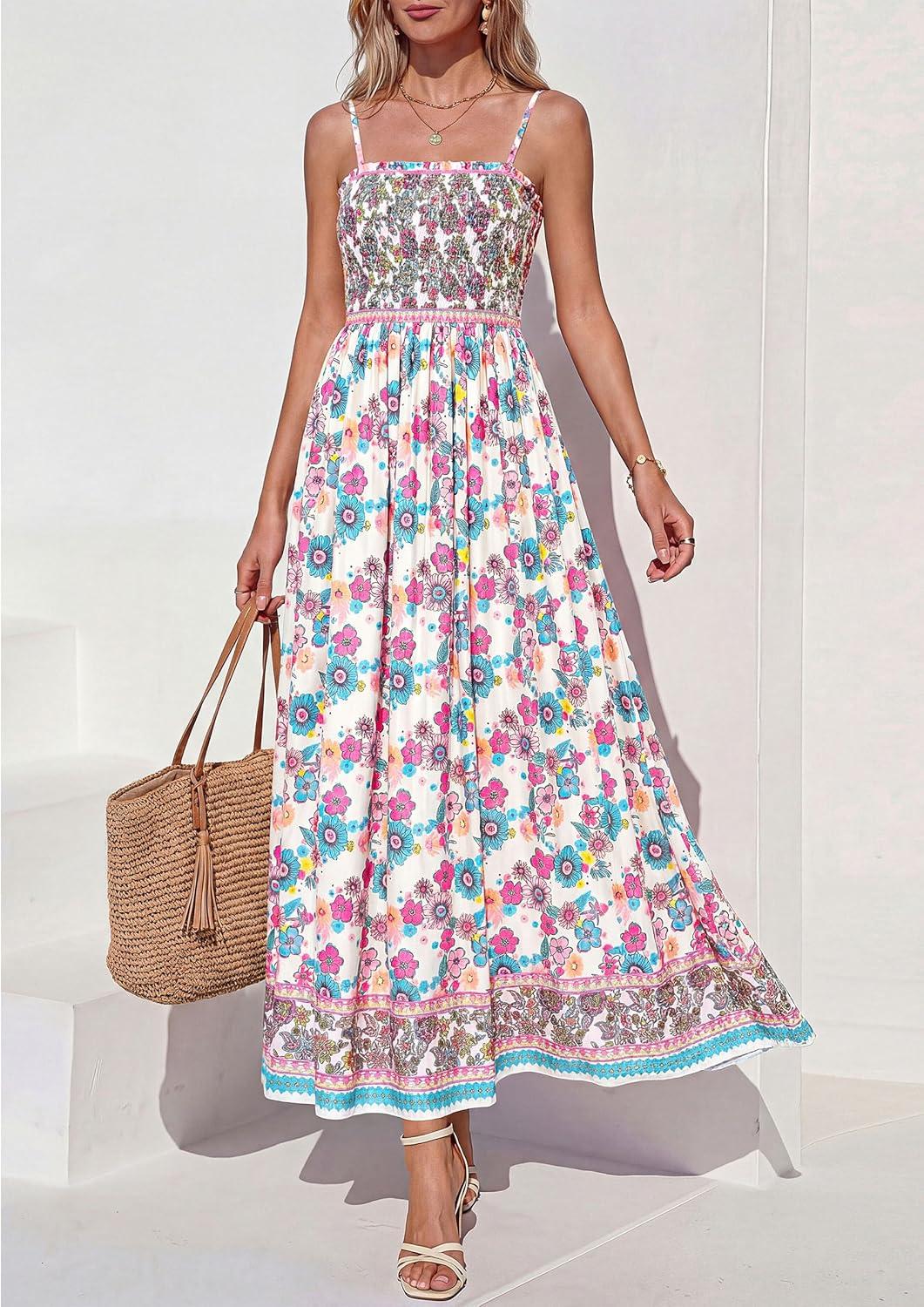 imagePRETTYGARDEN Womens Floral Maxi Dress Boho Casual 2026 Summer Spaghetti Strap Smocked Sleeveless Flowy Beach Vacation DressesPink