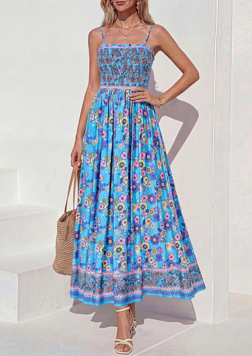imagePRETTYGARDEN Womens Floral Maxi Dress Boho Casual 2026 Summer Spaghetti Strap Smocked Sleeveless Flowy Beach Vacation DressesSky Blue
