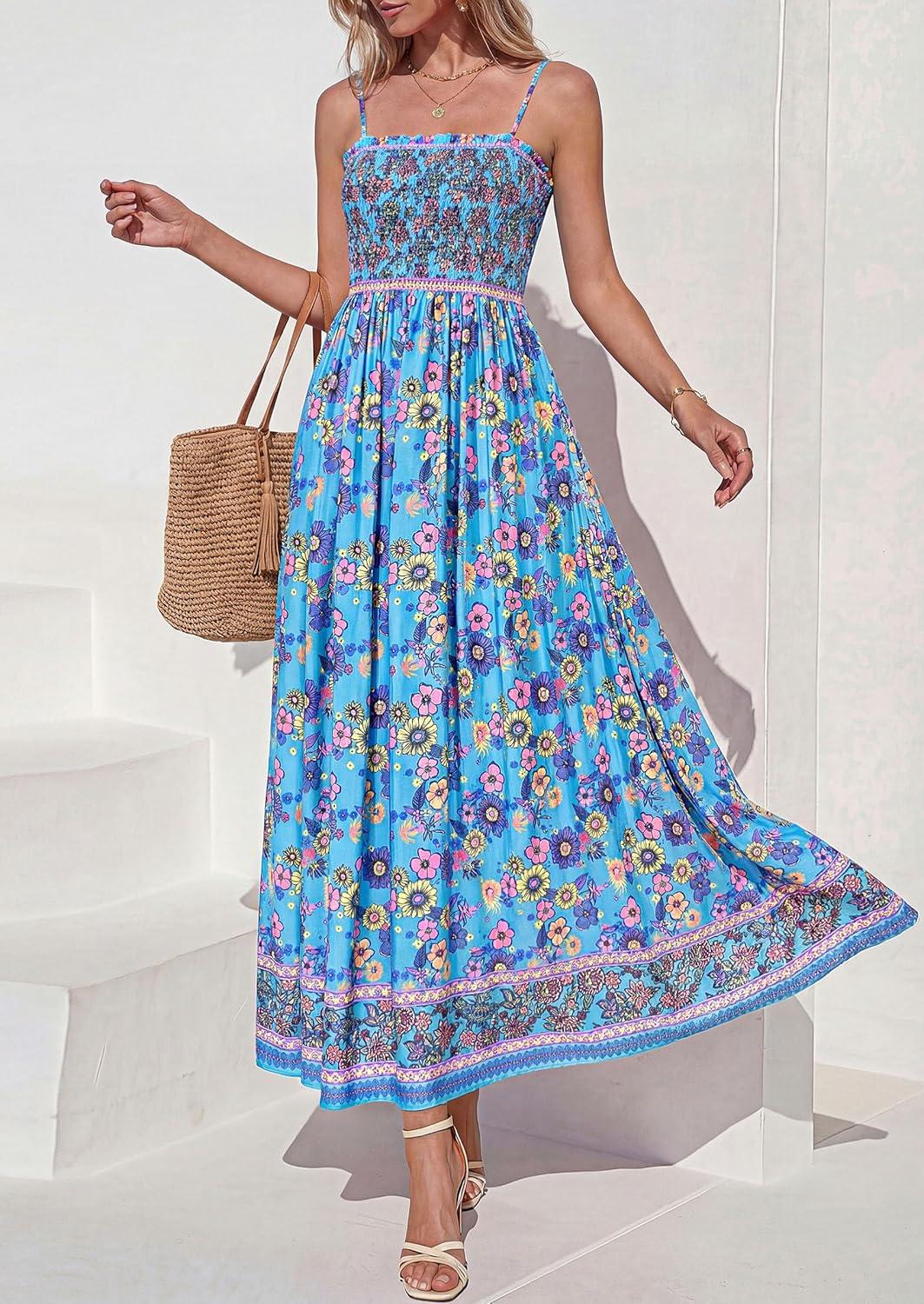 imagePRETTYGARDEN Womens Floral Maxi Dress Boho Casual 2026 Summer Spaghetti Strap Smocked Sleeveless Flowy Beach Vacation DressesSky Blue