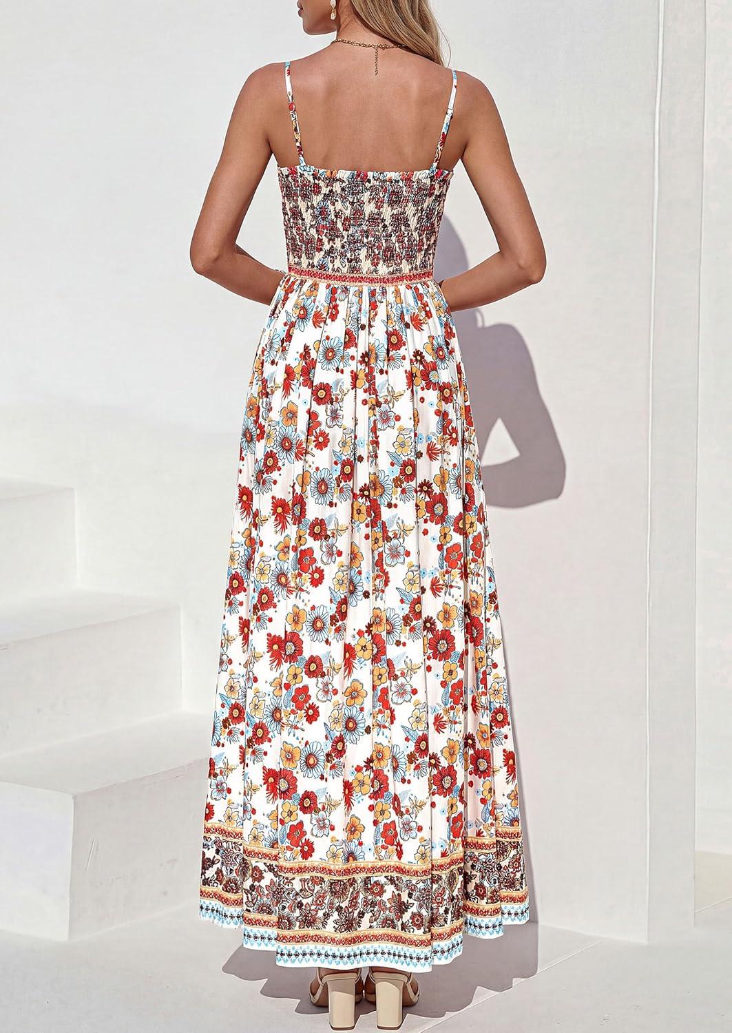 imagePRETTYGARDEN Womens Floral Maxi Dress Boho Casual 2026 Summer Spaghetti Strap Smocked Sleeveless Flowy Beach Vacation DressesWhite