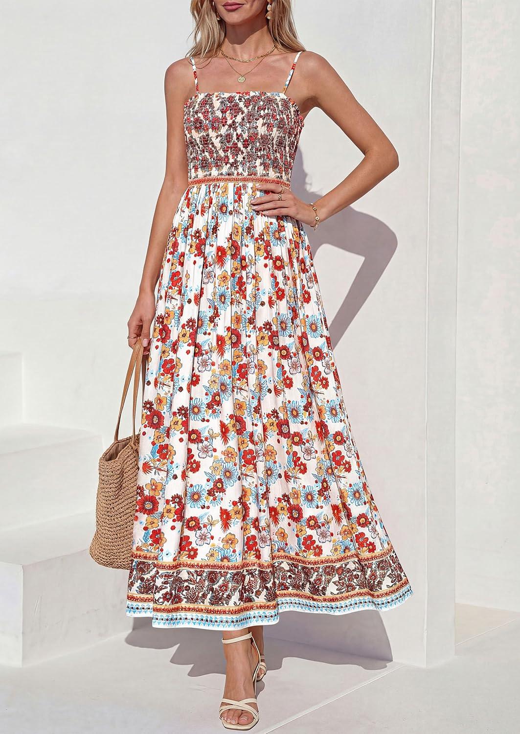 imagePRETTYGARDEN Womens Floral Maxi Dress Boho Casual 2026 Summer Spaghetti Strap Smocked Sleeveless Flowy Beach Vacation DressesWhite