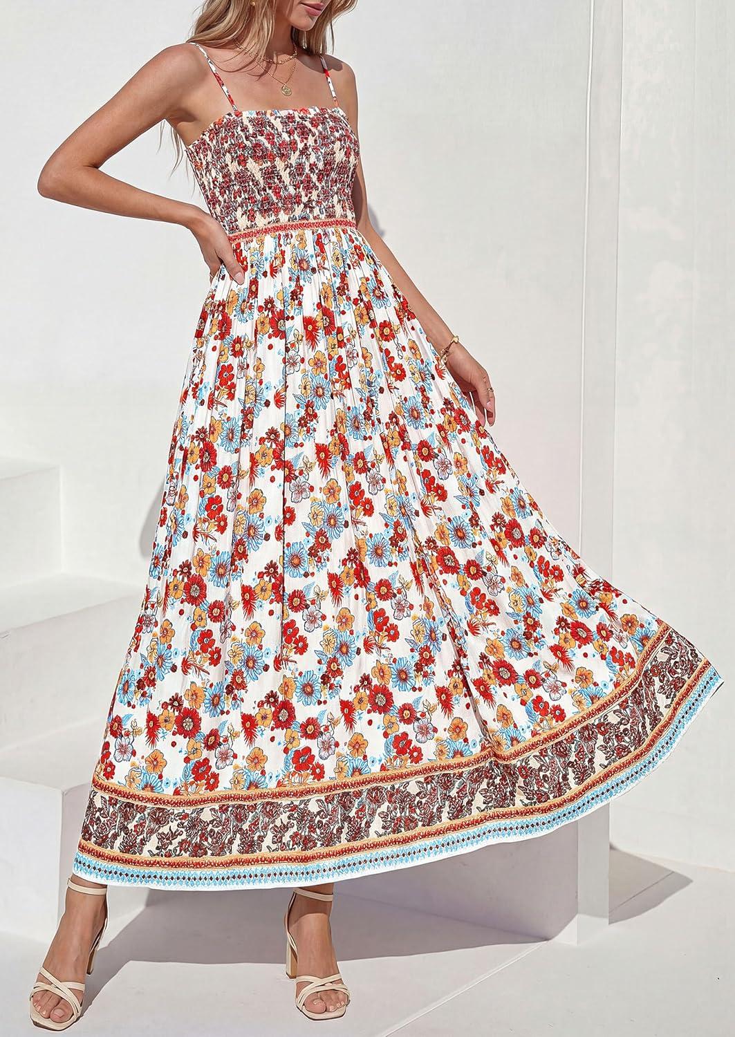 imagePRETTYGARDEN Womens Floral Maxi Dress Boho Casual 2026 Summer Spaghetti Strap Smocked Sleeveless Flowy Beach Vacation DressesWhite