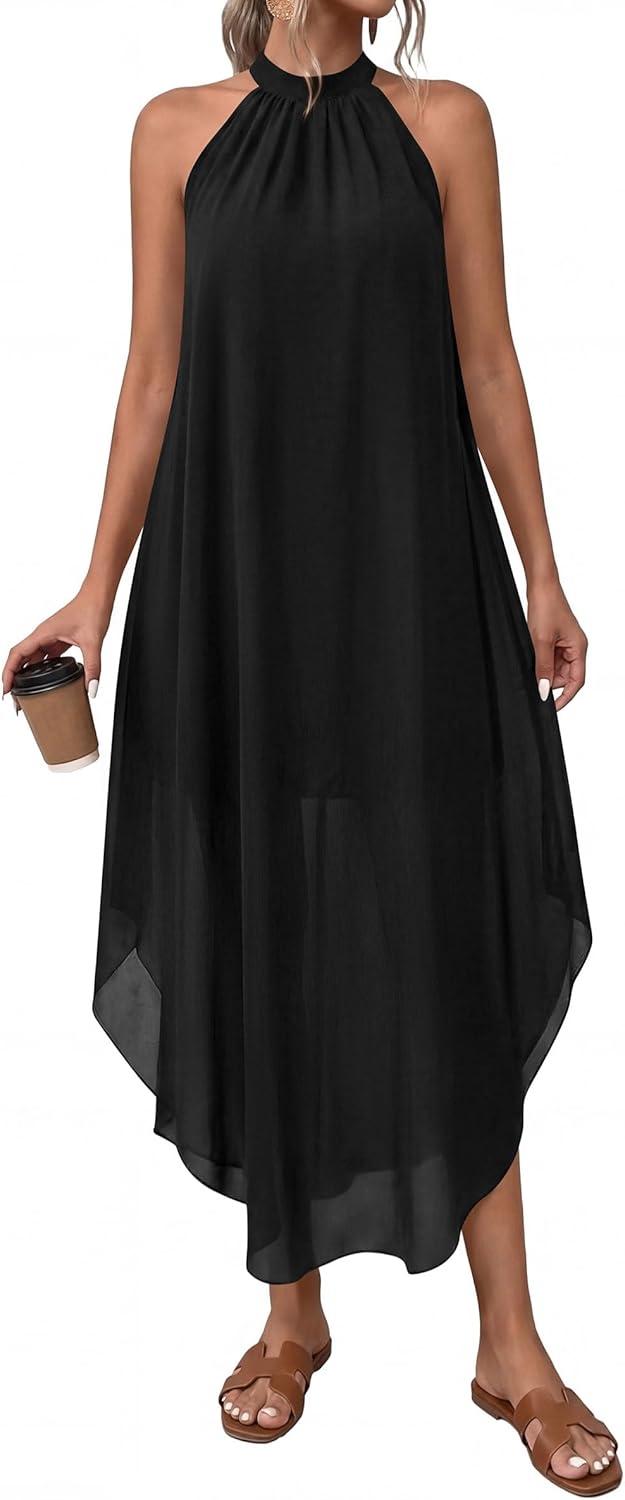 imagePRETTYGARDEN Womens Flowy Maxi Dresses Summer 2026 Halter Sleeveless Long Asymmetrical Spring Dress Beach Vacation SundressBlack