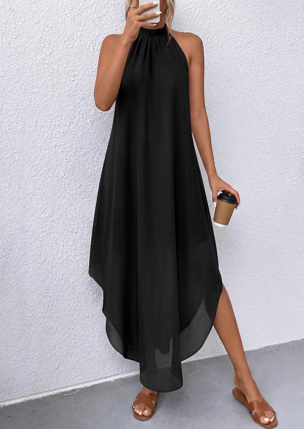 imagePRETTYGARDEN Womens Flowy Maxi Dresses Summer 2026 Halter Sleeveless Long Asymmetrical Spring Dress Beach Vacation SundressBlack