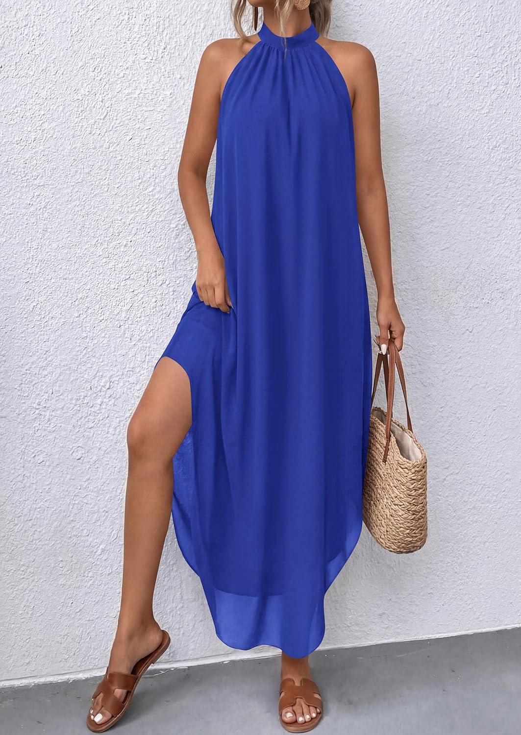 imagePRETTYGARDEN Womens Flowy Maxi Dresses Summer 2026 Halter Sleeveless Long Asymmetrical Spring Dress Beach Vacation SundressBlue