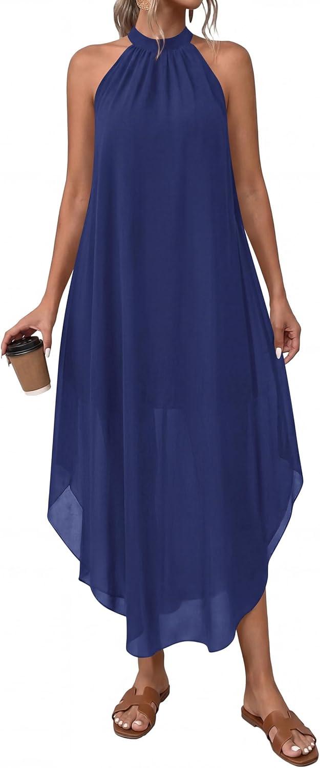 imagePRETTYGARDEN Womens Flowy Maxi Dresses Summer 2026 Halter Sleeveless Long Asymmetrical Spring Dress Beach Vacation SundressDark Blue