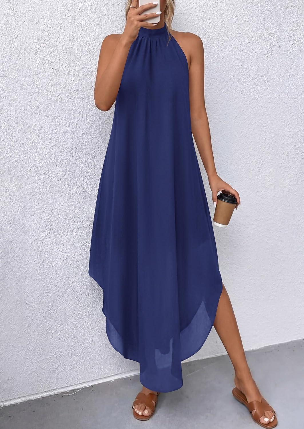 imagePRETTYGARDEN Womens Flowy Maxi Dresses Summer 2026 Halter Sleeveless Long Asymmetrical Spring Dress Beach Vacation SundressDark Blue
