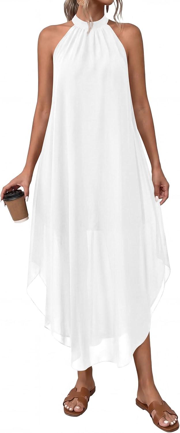 imagePRETTYGARDEN Womens Flowy Maxi Dresses Summer 2026 Halter Sleeveless Long Asymmetrical Spring Dress Beach Vacation SundressWhite