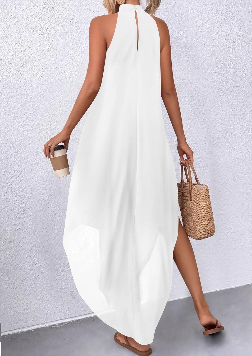 imagePRETTYGARDEN Womens Flowy Maxi Dresses Summer 2026 Halter Sleeveless Long Asymmetrical Spring Dress Beach Vacation SundressWhite