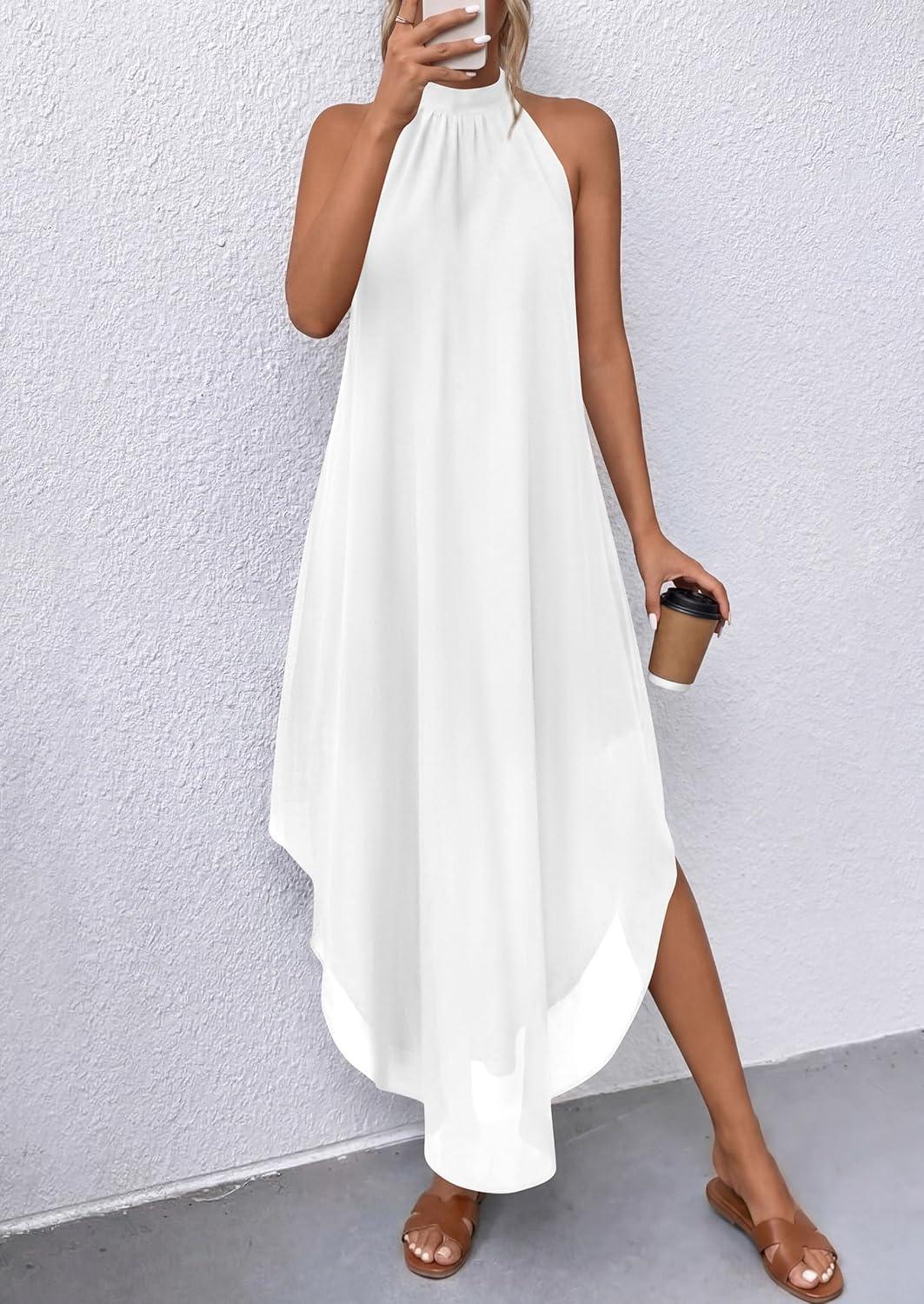 imagePRETTYGARDEN Womens Flowy Maxi Dresses Summer 2026 Halter Sleeveless Long Asymmetrical Spring Dress Beach Vacation SundressWhite