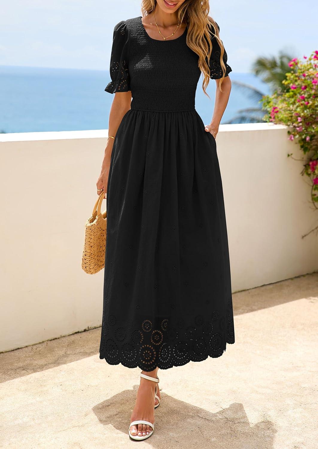 imagePRETTYGARDEN Womens Maxi Smocked Eyelet Dress Summer 2026 Short Puff Sleeve Long Flowy Boho Beach Party Sun Dresses PocketsBlack