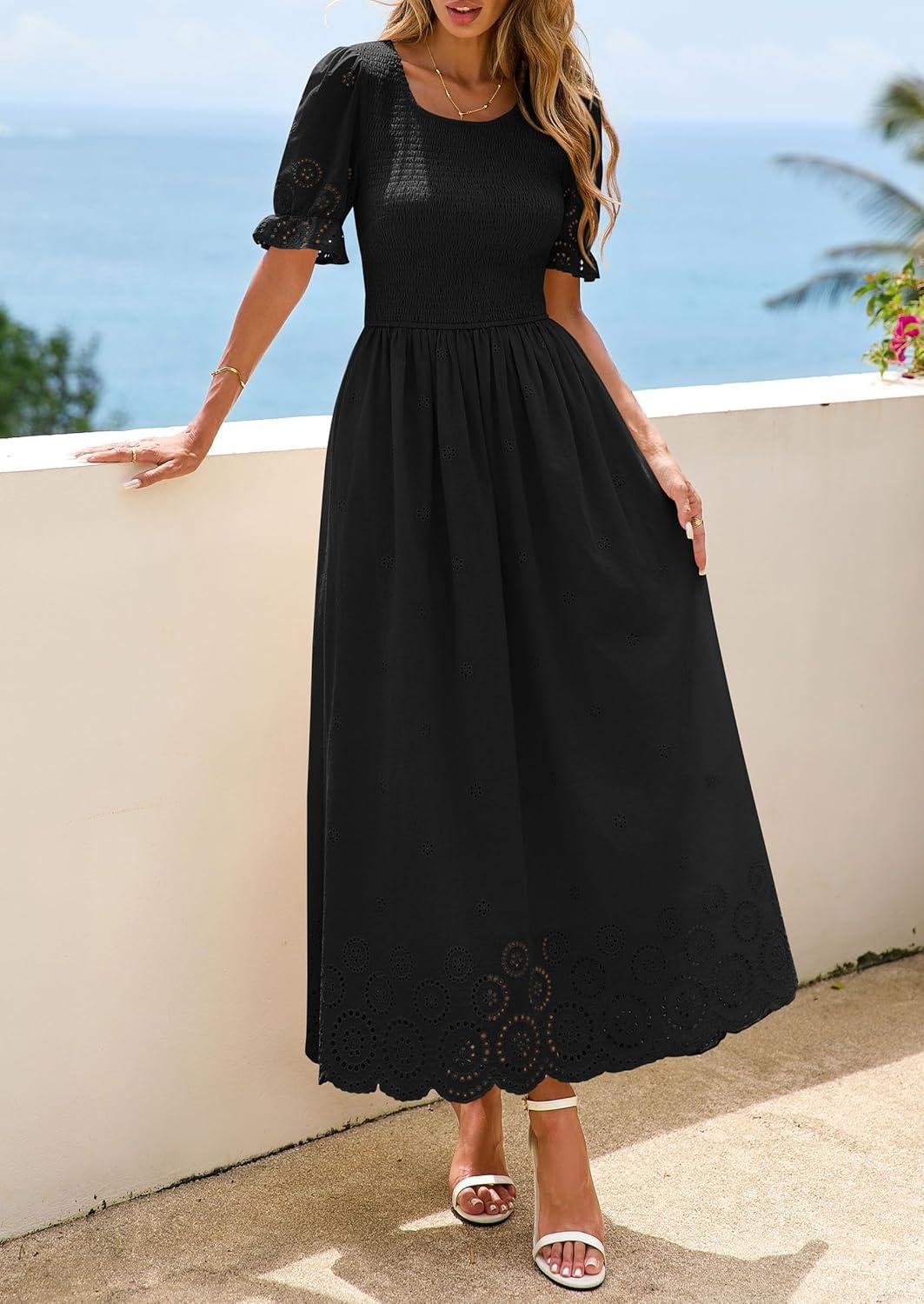 imagePRETTYGARDEN Womens Maxi Smocked Eyelet Dress Summer 2026 Short Puff Sleeve Long Flowy Boho Beach Party Sun Dresses PocketsBlack