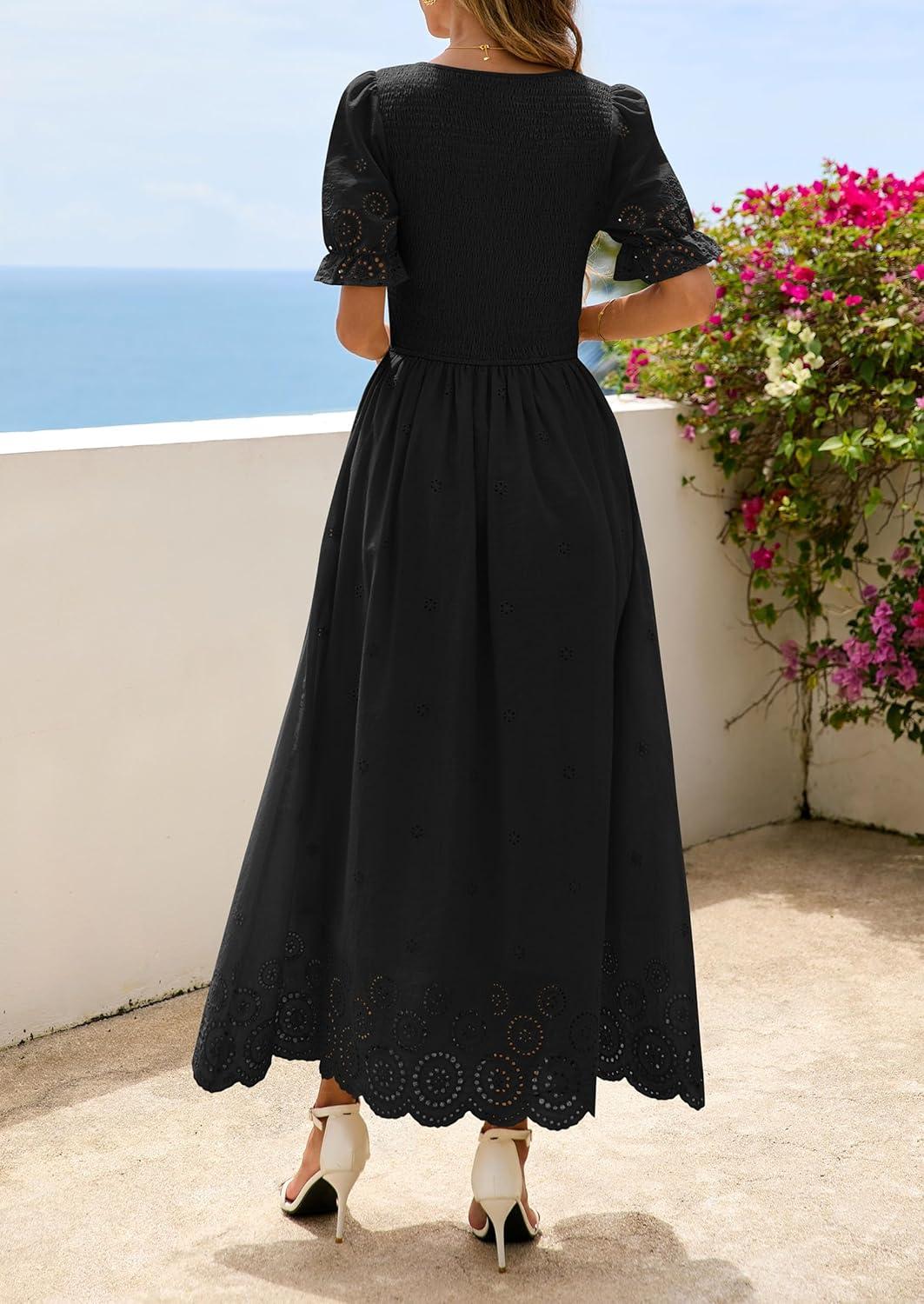 imagePRETTYGARDEN Womens Maxi Smocked Eyelet Dress Summer 2026 Short Puff Sleeve Long Flowy Boho Beach Party Sun Dresses PocketsBlack