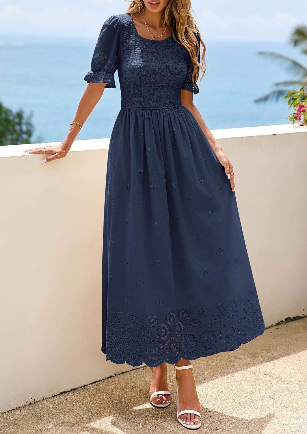 imagePRETTYGARDEN Womens Maxi Smocked Eyelet Dress Summer 2026 Short Puff Sleeve Long Flowy Boho Beach Party Sun Dresses PocketsNavy Blue