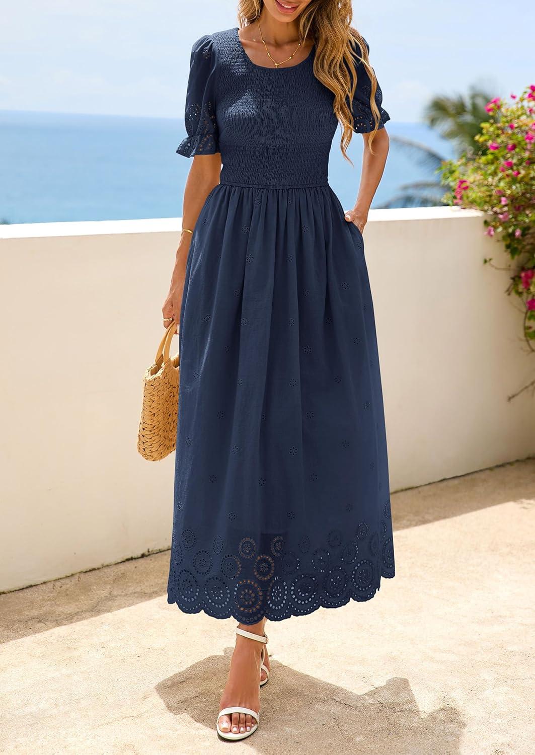 imagePRETTYGARDEN Womens Maxi Smocked Eyelet Dress Summer 2026 Short Puff Sleeve Long Flowy Boho Beach Party Sun Dresses PocketsNavy Blue