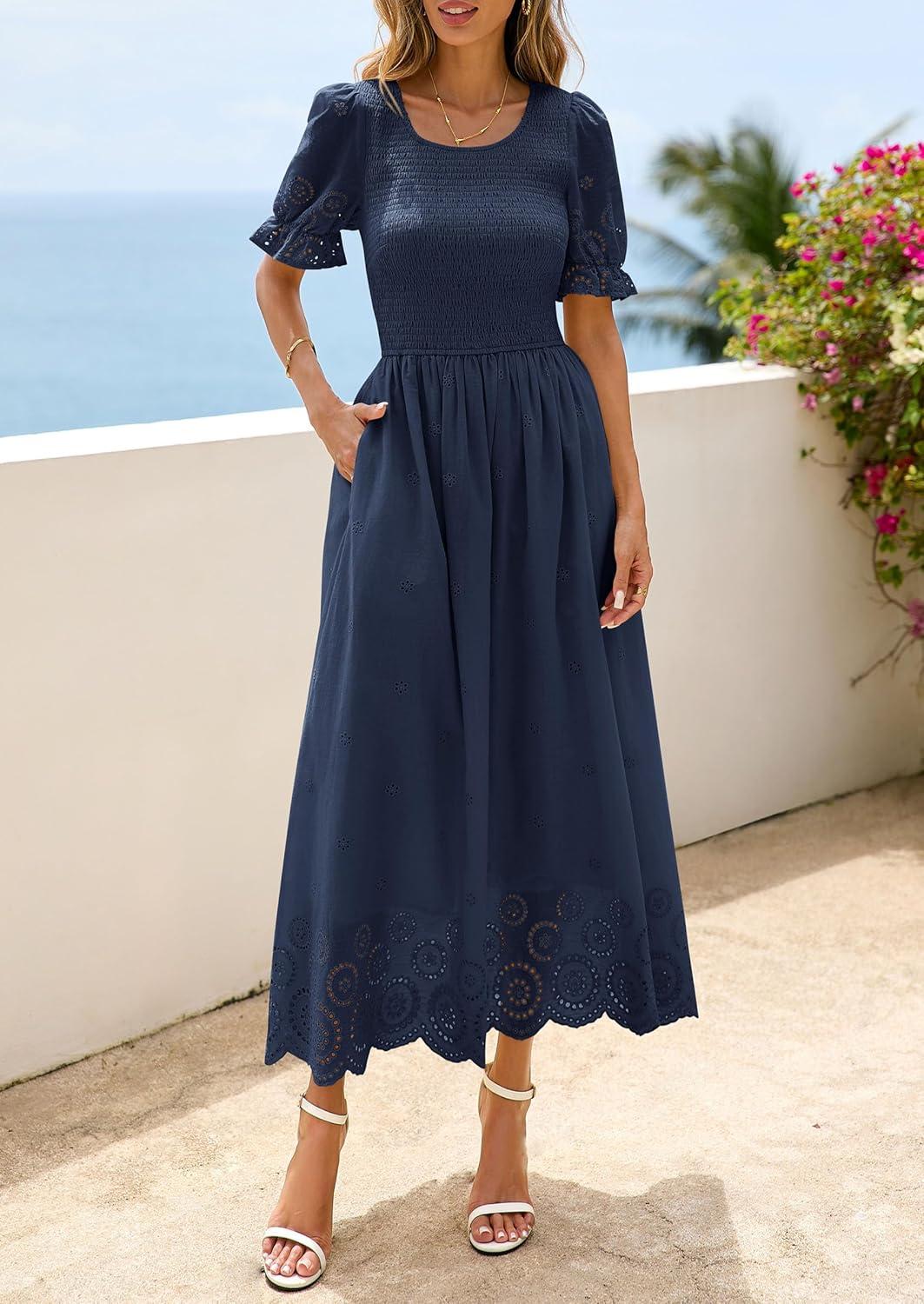 imagePRETTYGARDEN Womens Maxi Smocked Eyelet Dress Summer 2026 Short Puff Sleeve Long Flowy Boho Beach Party Sun Dresses PocketsNavy Blue