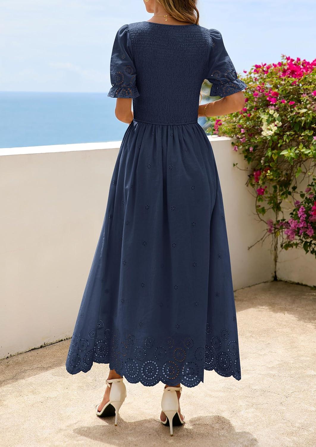 imagePRETTYGARDEN Womens Maxi Smocked Eyelet Dress Summer 2026 Short Puff Sleeve Long Flowy Boho Beach Party Sun Dresses PocketsNavy Blue