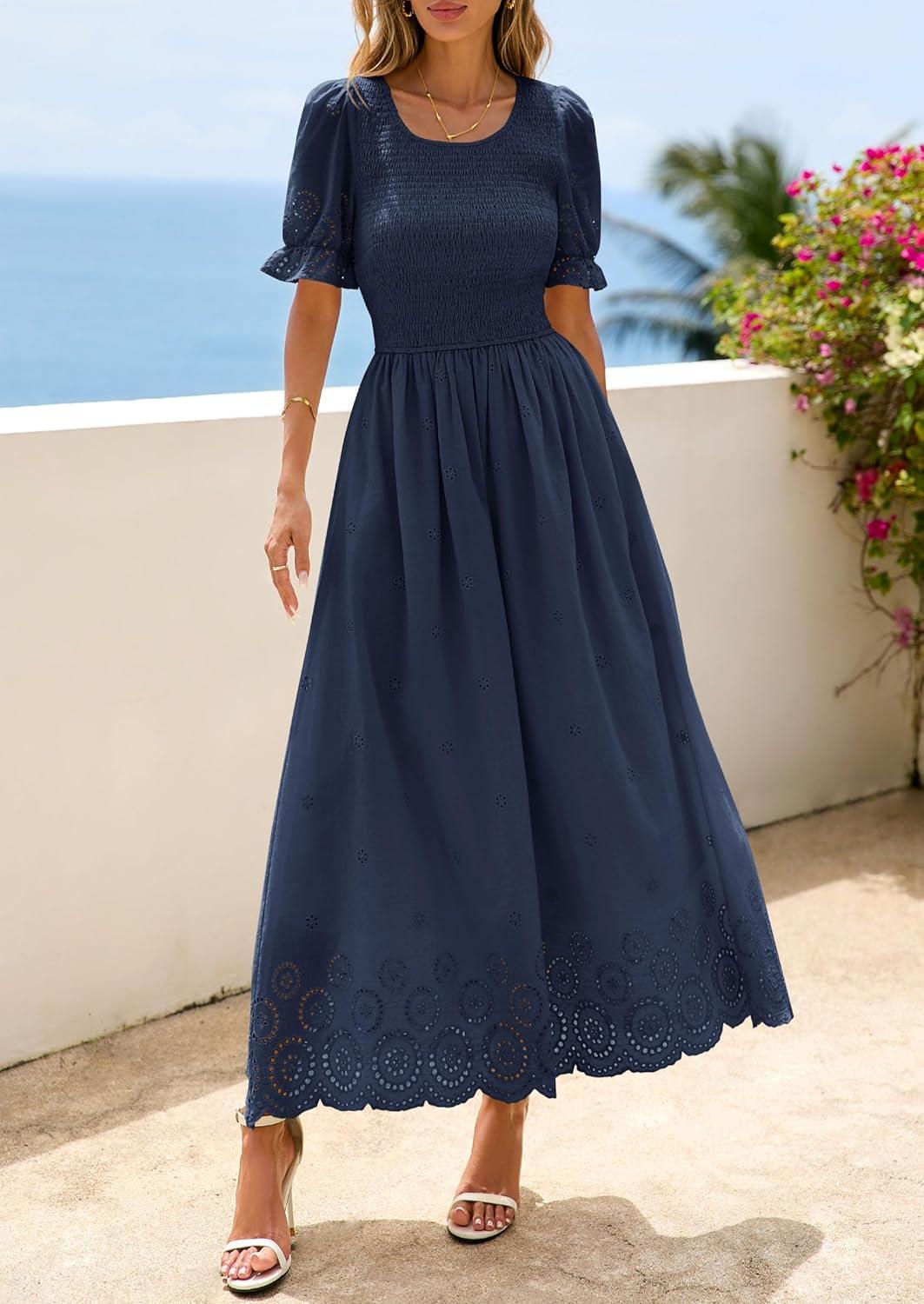 imagePRETTYGARDEN Womens Maxi Smocked Eyelet Dress Summer 2026 Short Puff Sleeve Long Flowy Boho Beach Party Sun Dresses PocketsNavy Blue