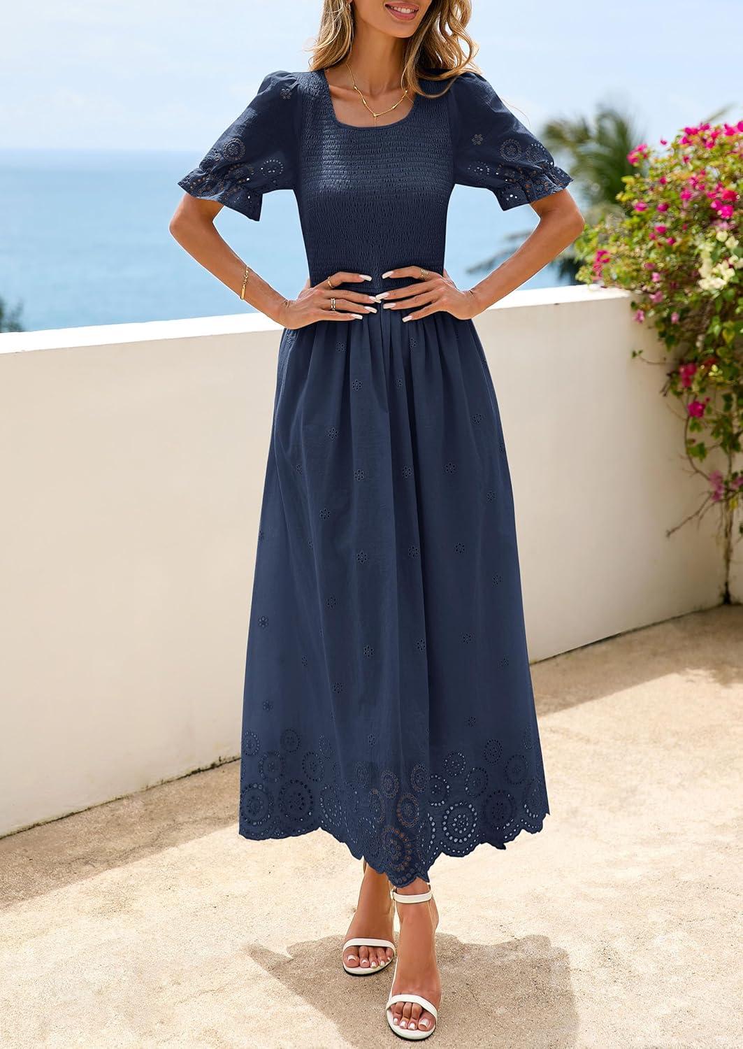 imagePRETTYGARDEN Womens Maxi Smocked Eyelet Dress Summer 2026 Short Puff Sleeve Long Flowy Boho Beach Party Sun Dresses PocketsNavy Blue