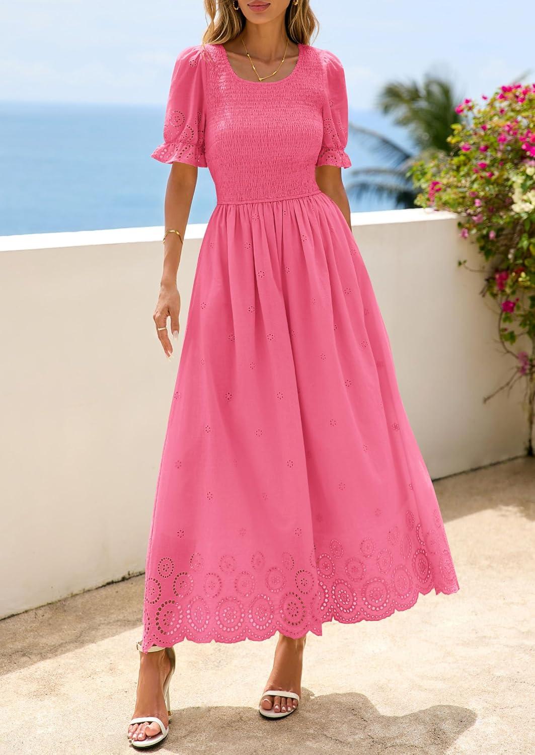 imagePRETTYGARDEN Womens Maxi Smocked Eyelet Dress Summer 2026 Short Puff Sleeve Long Flowy Boho Beach Party Sun Dresses PocketsPink