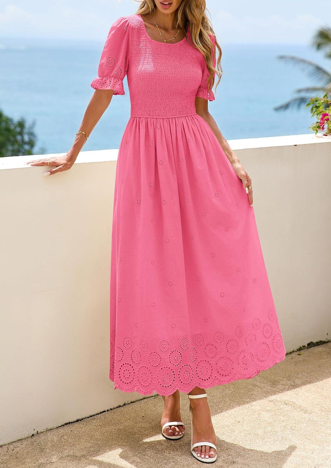 imagePRETTYGARDEN Womens Maxi Smocked Eyelet Dress Summer 2026 Short Puff Sleeve Long Flowy Boho Beach Party Sun Dresses PocketsPink