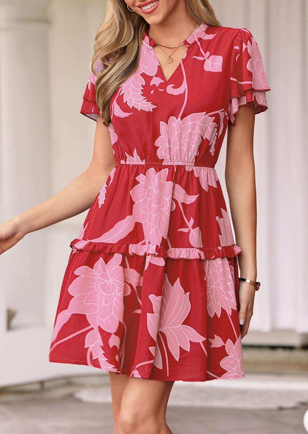 imagePRETTYGARDEN Womens Summer Floral Mini Dress 2026 Trendy Ruffle Short Sleeve V Neck Flowy A Line Short Beach DressesFloral Red Pink