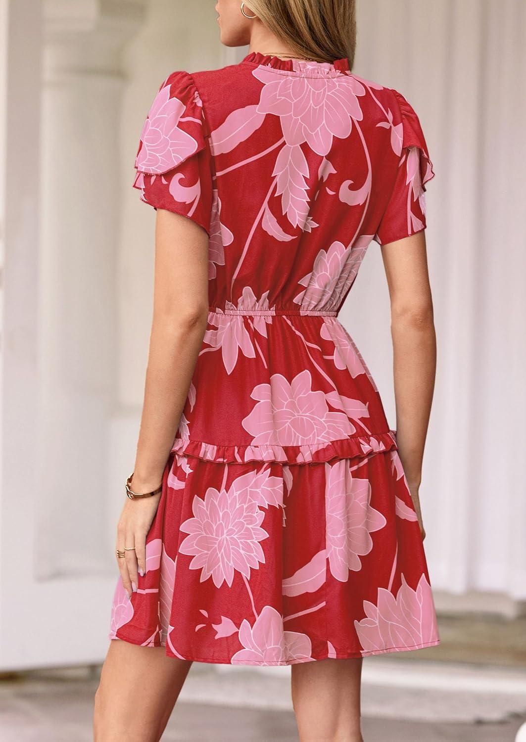 imagePRETTYGARDEN Womens Summer Floral Mini Dress 2026 Trendy Ruffle Short Sleeve V Neck Flowy A Line Short Beach DressesFloral Red Pink