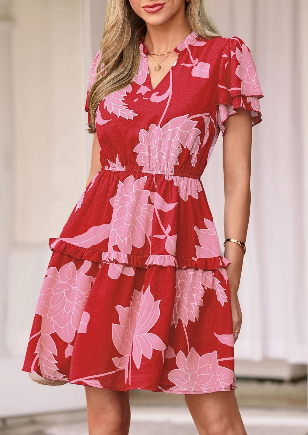 imagePRETTYGARDEN Womens Summer Floral Mini Dress 2026 Trendy Ruffle Short Sleeve V Neck Flowy A Line Short Beach DressesFloral Red Pink