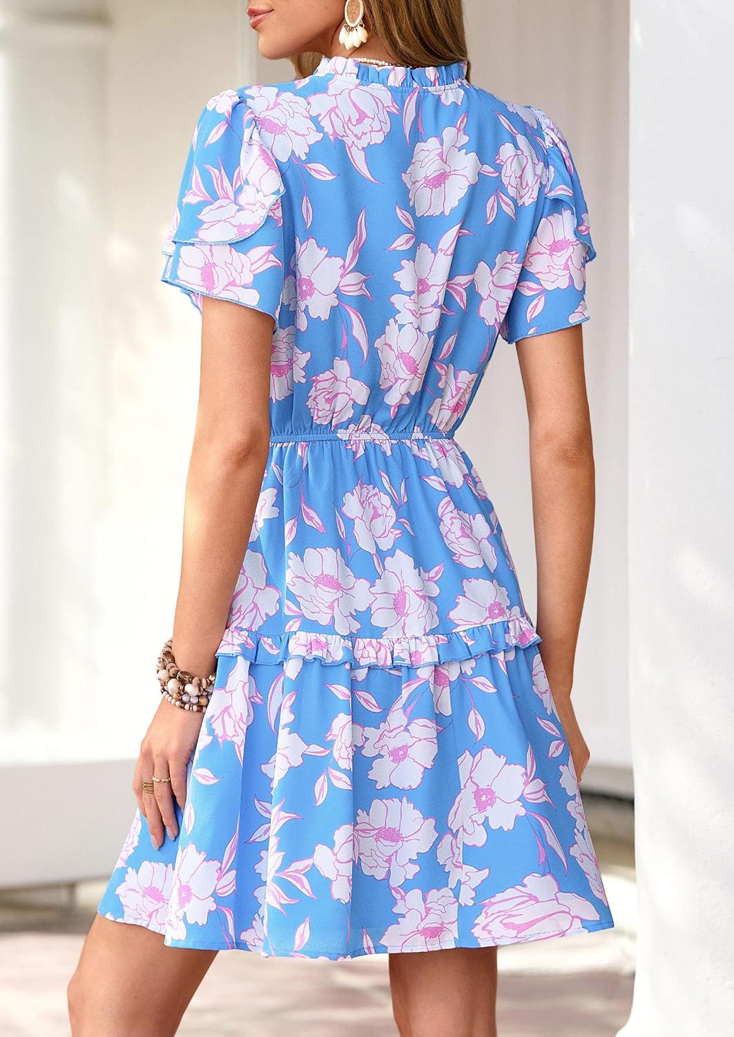 imagePRETTYGARDEN Womens Summer Floral Mini Dress 2026 Trendy Ruffle Short Sleeve V Neck Flowy A Line Short Beach DressesFloral Sky Blue White